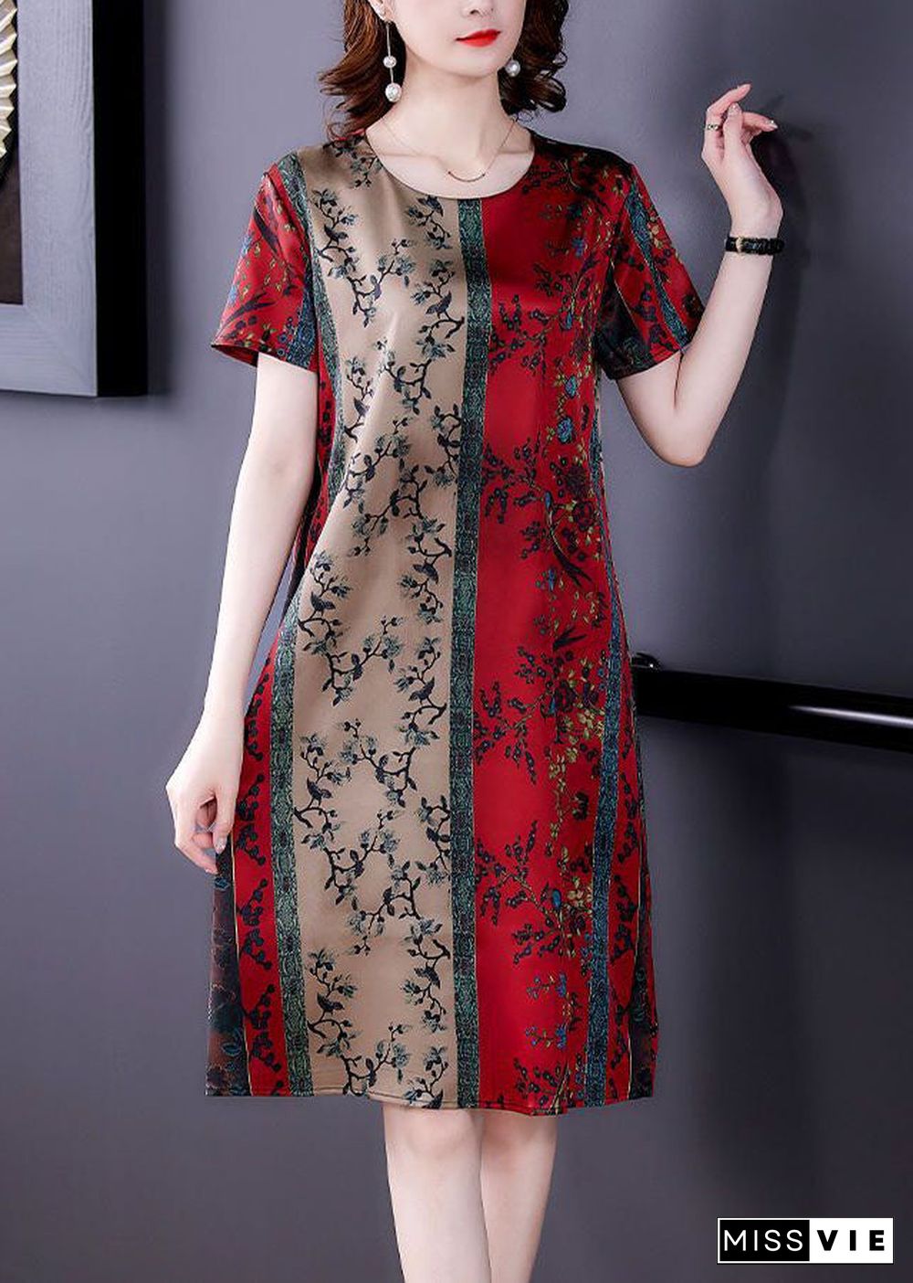 Plus Size Red O-Neck Print Slim Fit Silk Mid Dress Summer