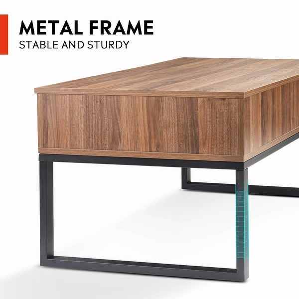 Wood Lift Top Coffee Table with Hidden Storage Compartment， Side Drawer and Metal Frame， Lift Tabletop Dining Table for Home