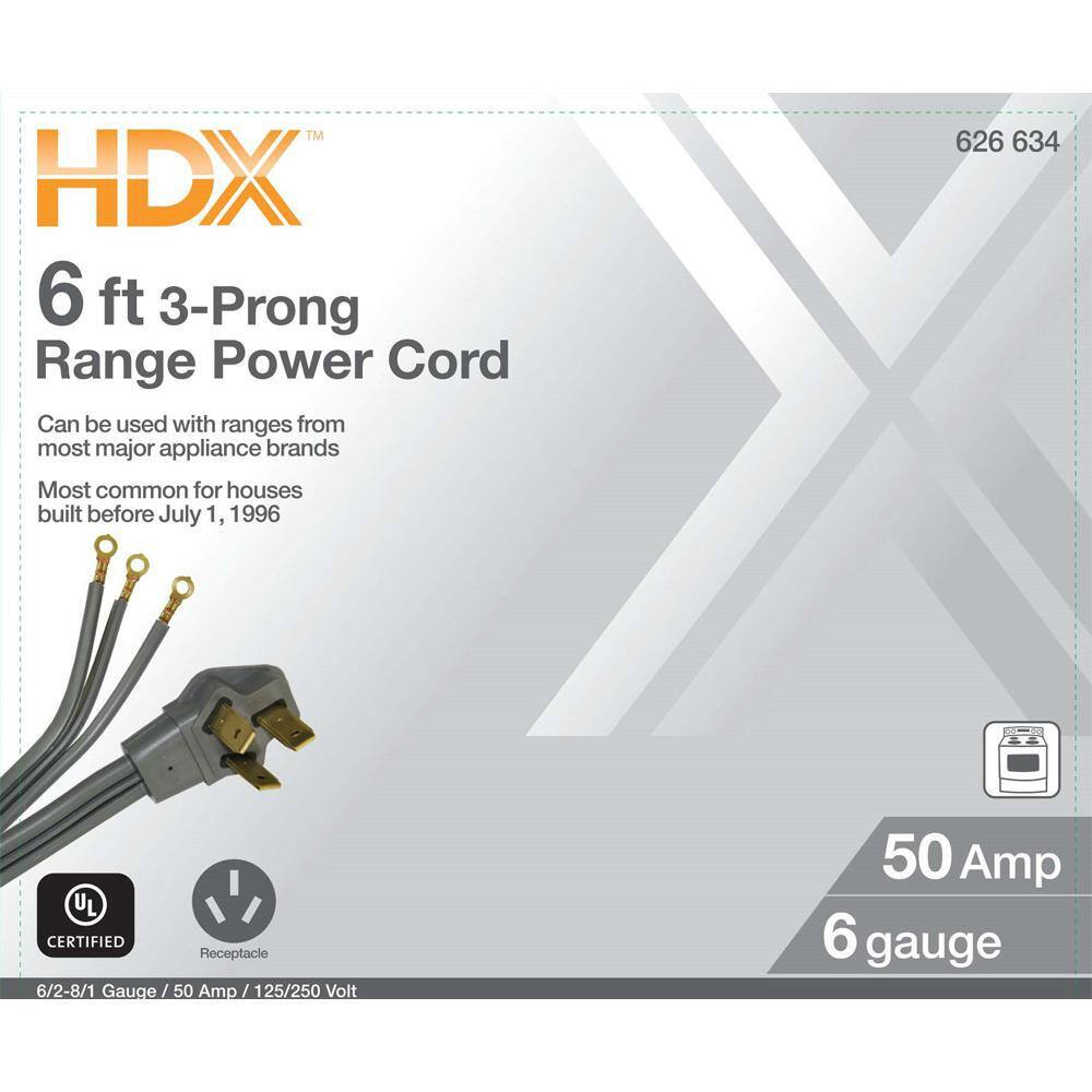 HDX 6 ft. 63 50 Amp 3-Prong Range Power Cord Grey HD#626-634