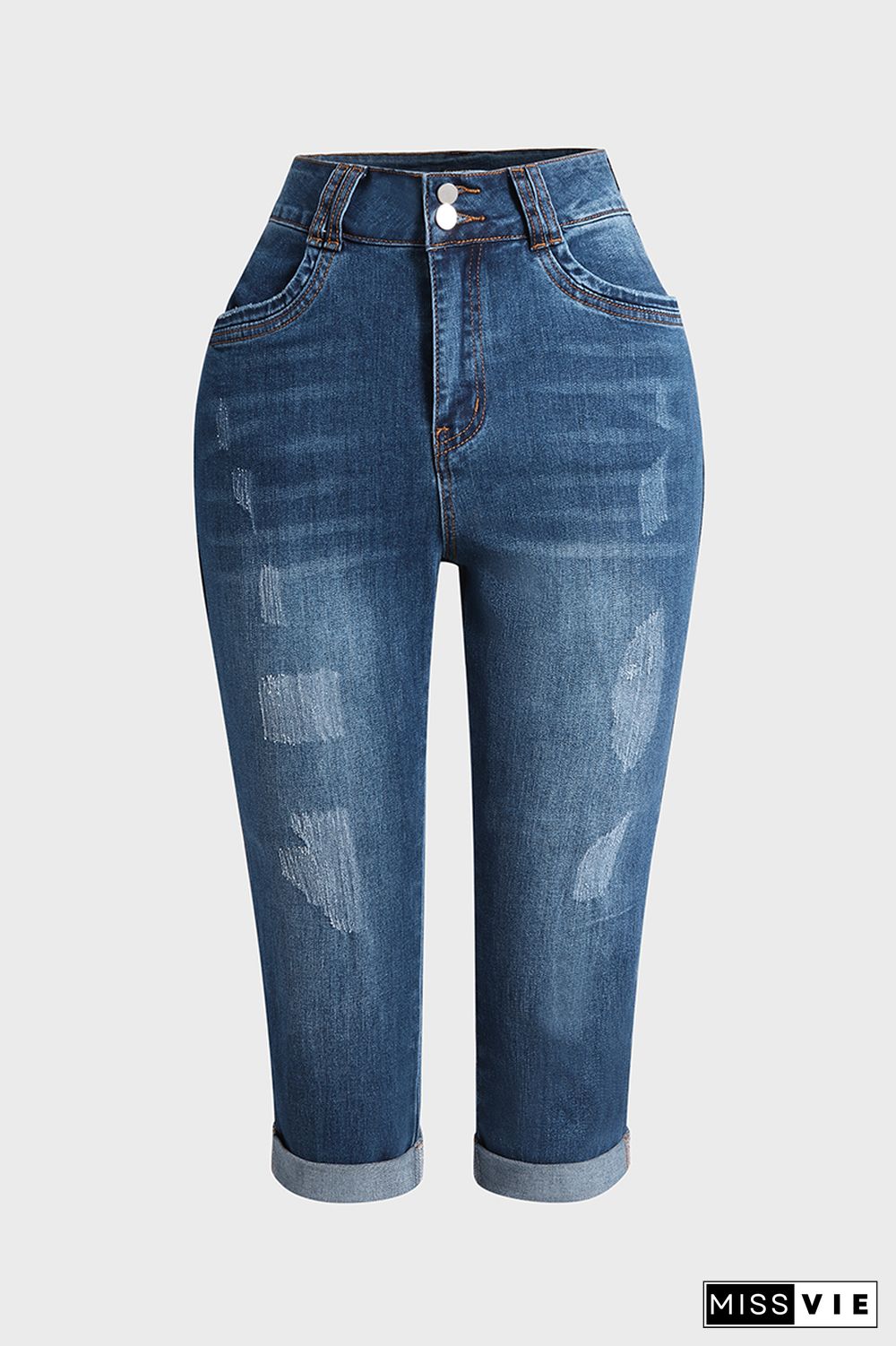 Ripped Roll Up Hem Capris Jeans