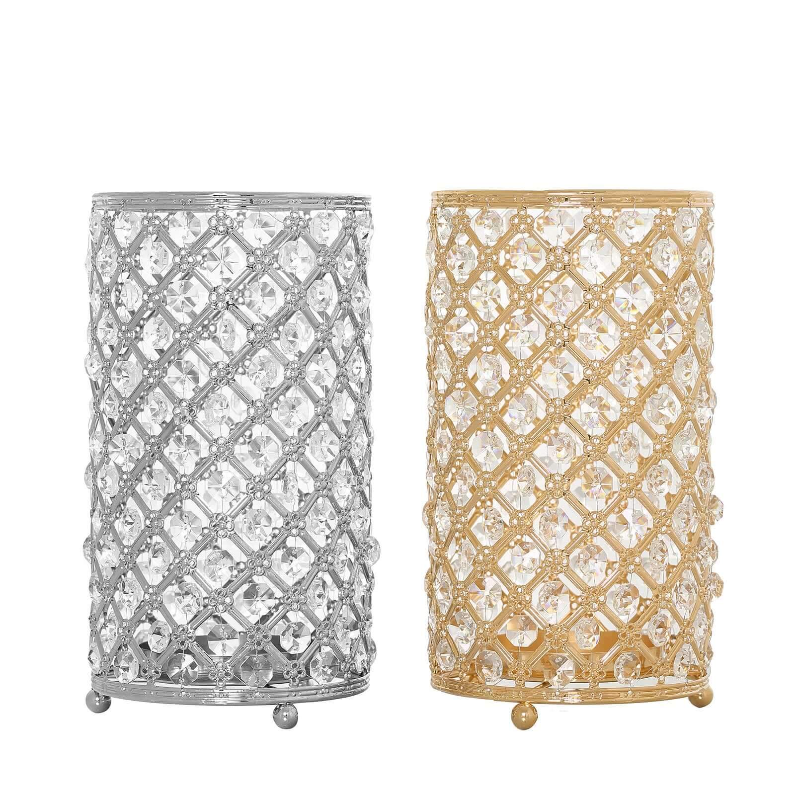 2 Pack Gold Metal Crystal Beaded Pillar Votive Candle Holder Set, Multipurpose Crystal Stem Vase 9