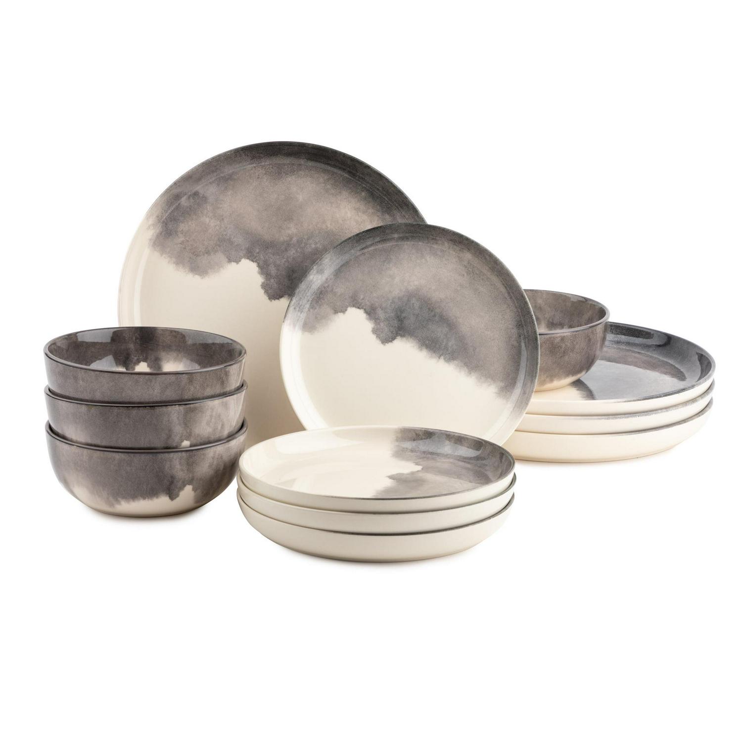 Thyme and Table Dinnerware， 12-Piece Set， Light Gray Drip