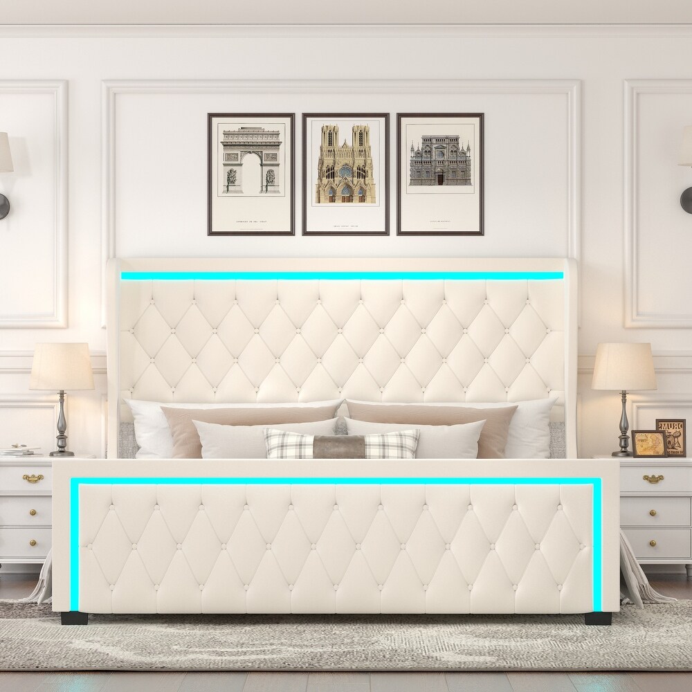 Velvet Wide Wingbacks Platform Bed Frame with Adjustable Colorful LED Light Frame Stitched Button Tufted High Headboard