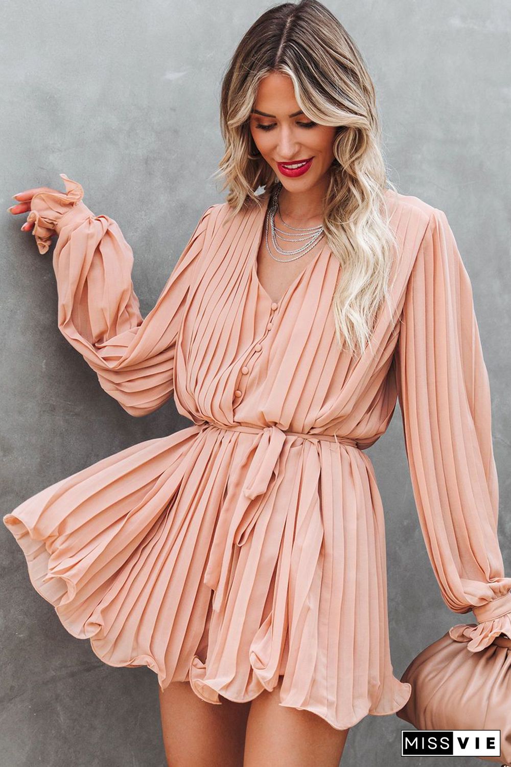 Pink Pleated Ruffled Tie Waist Buttons V Neck Romper