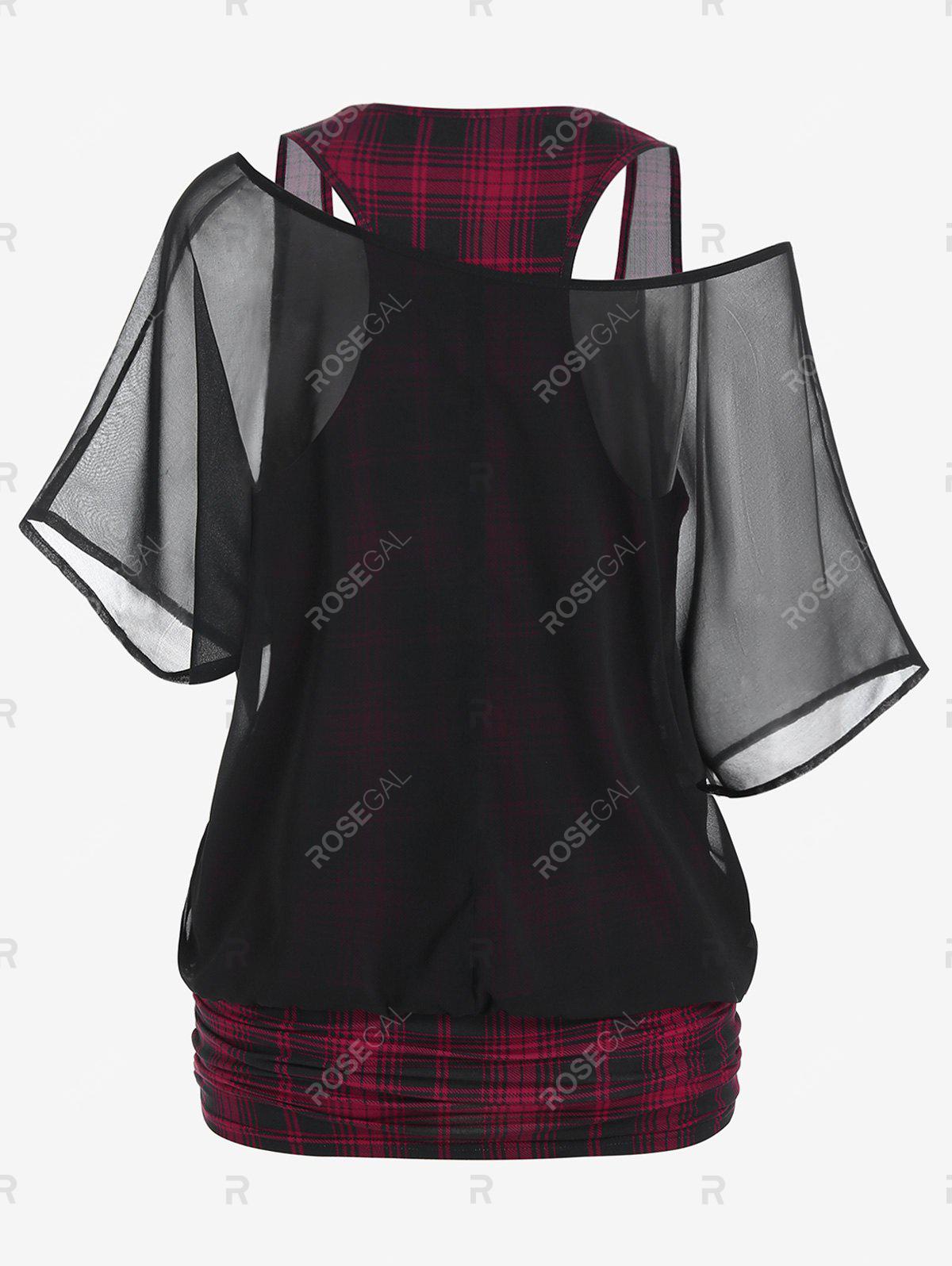 Skew Neck Sheer Mesh Blouse and Plaid Ruched Tank Top and Punk High Waist Lace Up Chains Capri Pants Set Plus Size Summer Outfit