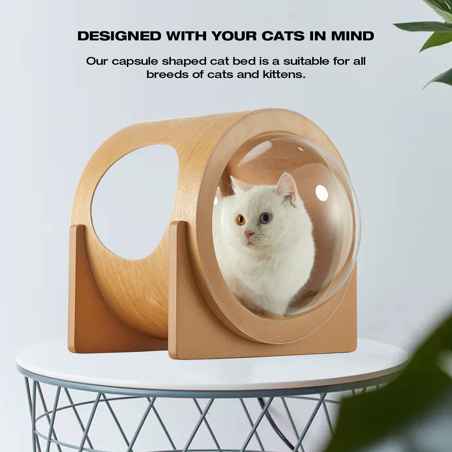 Yoleny Wooden Cat Bed Capsule Spaceship Gamma Cat Bed with Acrylic Dome，  Indoor Cat House with Large Transparent Capsule for Mammals