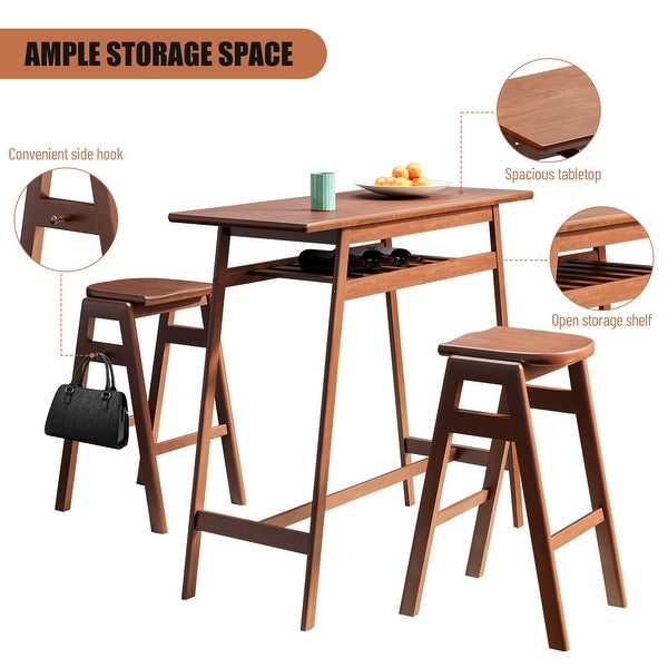 Retro Bar Table Rubber Wood Stackable Backless High Stool for 2 with Shelf and Hooks for Home Bar Space， 3 PCS Pub Dining Set