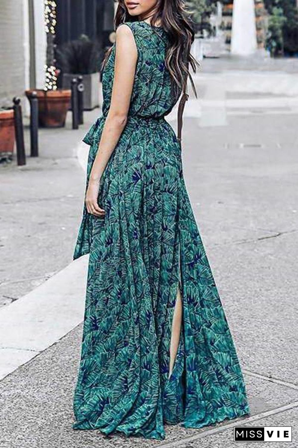 Women Summer  Green & Blue Leaf Maxi Dress