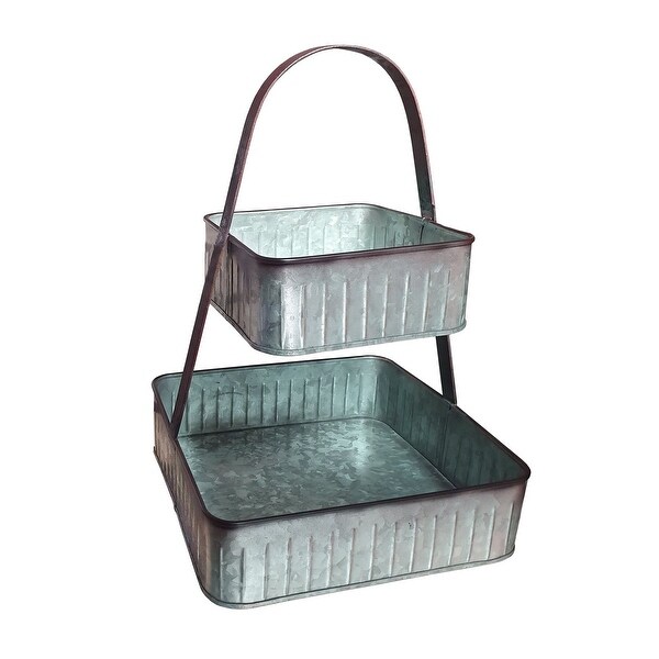 2 Tier Square Galvanized Metal Corrugated Tray with Arched Handle， Gray - 19 H x 13 W x 13 L Inches