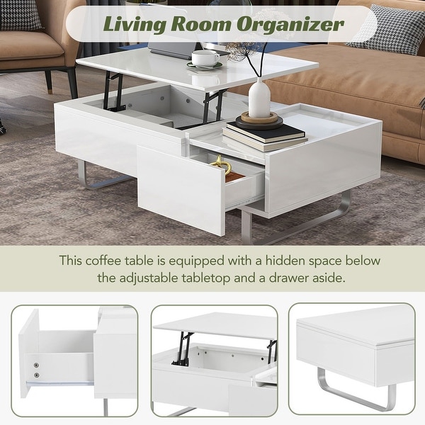 Stylish multi-functional lifting countertop coffee table， modern cocktail table with metal frame legs