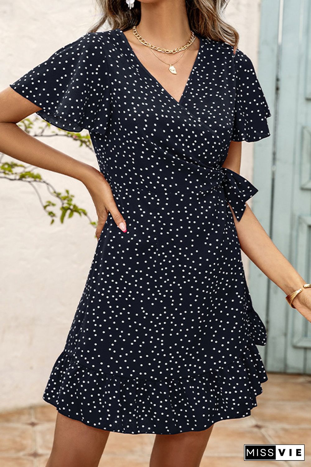 Polka Dot Print V Neck Short Dress Wholesale