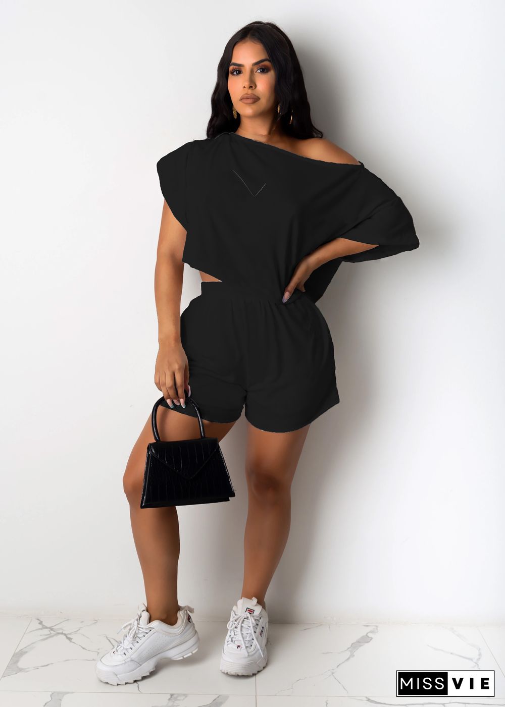 Women Solid Short Sleeve Loose Tops Shorts Two Piece Set