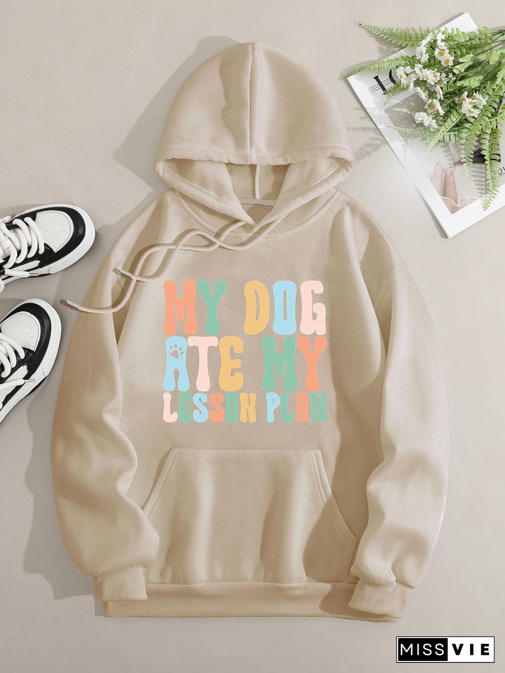 Printed on front Kangaroo Pocket Hoodie Long Sleeve for Women Pattern my dog ate my lesson plan