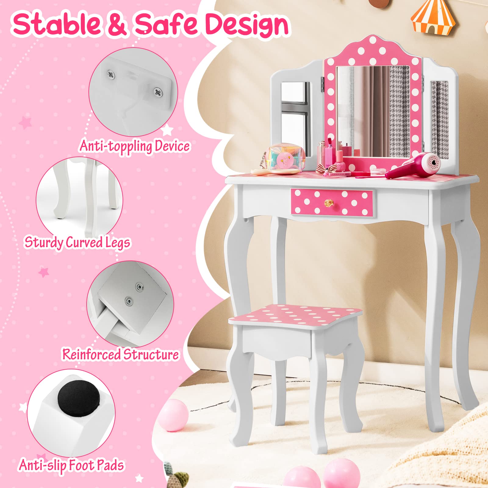 Costzon Kids Vanity Table and Chair Set, Girls Vanity Set with Mirror and Stool, Pretend Play Vanity Set for Little Girls