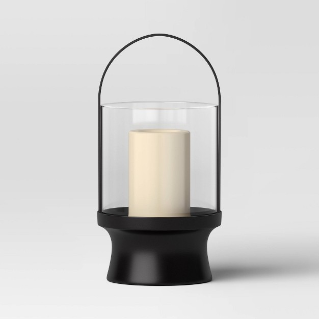 Modern Metal And Glass Battery Led Pillar Candle Outdoor Lantern Black