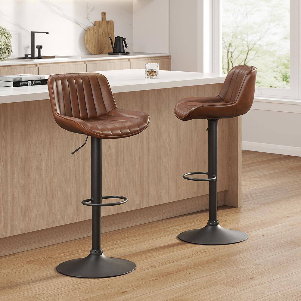 Art Leon Modern Cognac Faux Leather Swivel Adjustable Height Bar Stools with Black Base Set of 2 BS006-4