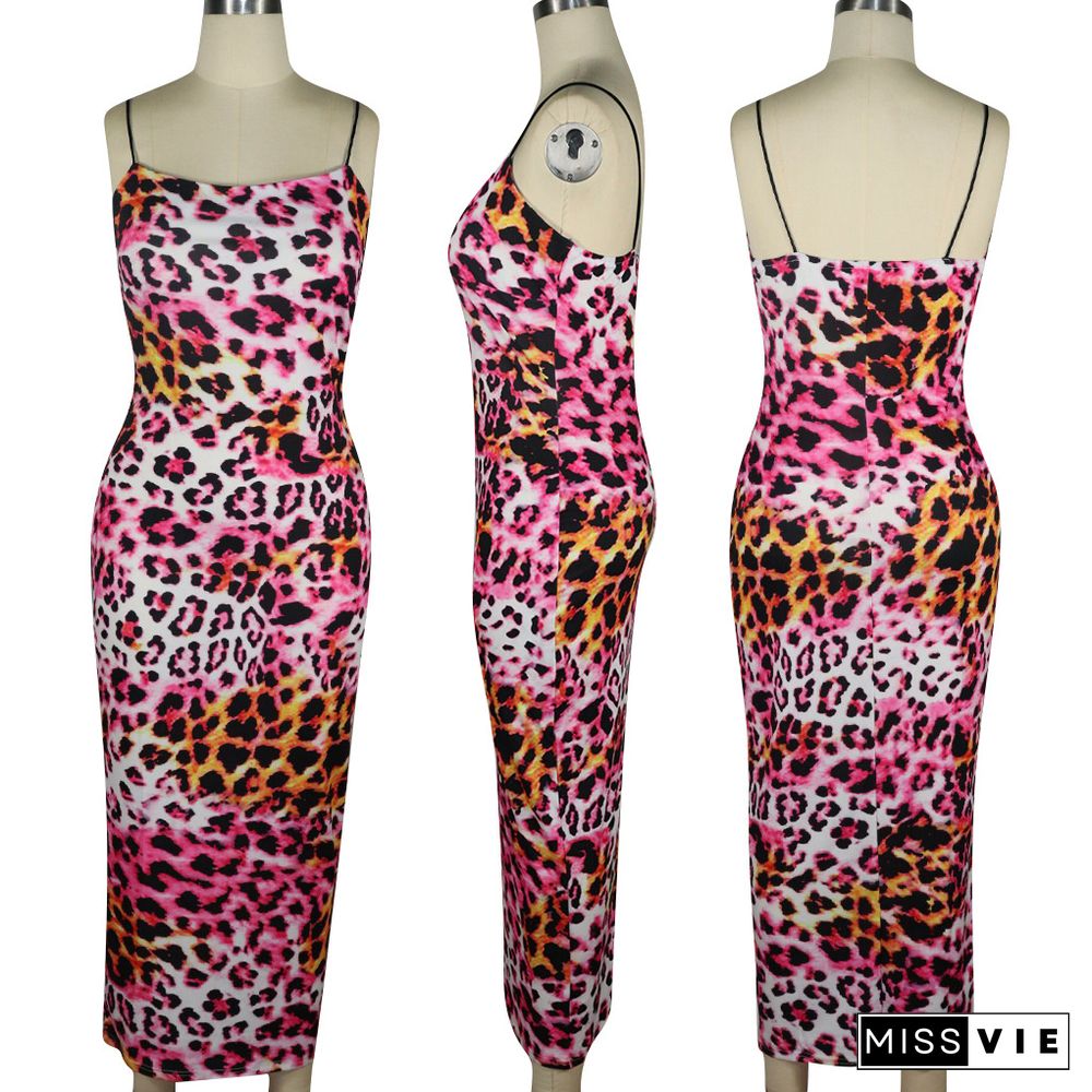 Stylish Leopard Printed Straps Skinny Maxi Dress