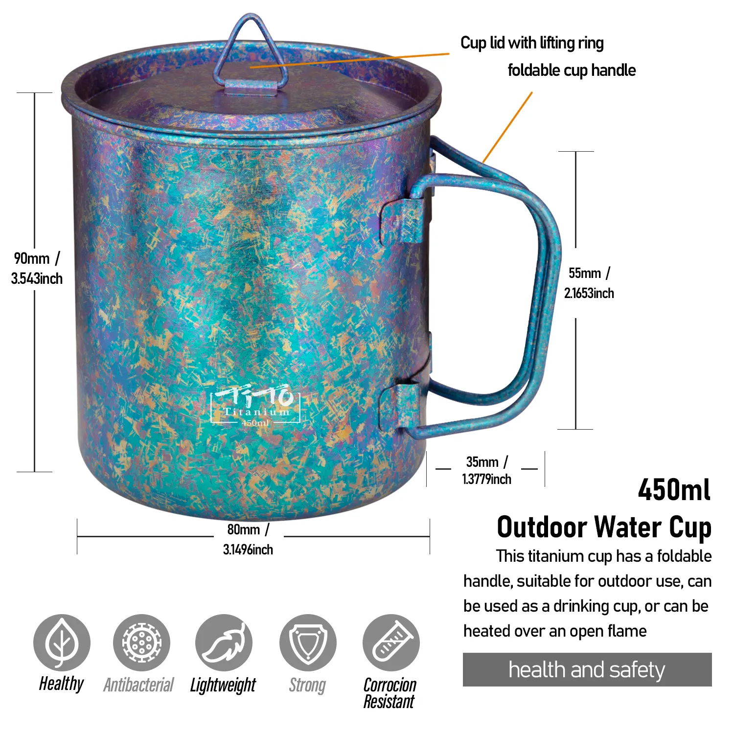 TiTo Rainbow Color 450ml Titanium Mug Camping Cup Lightweight Camping Hiking Foldable Handle Cooking Pot for Outdoor Backpacking