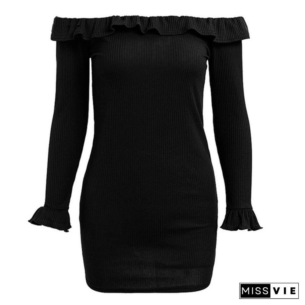 Women's Fashion Off Shoulder Ruffle Dress Long Sleeve Bodycon Dress Mini Dress