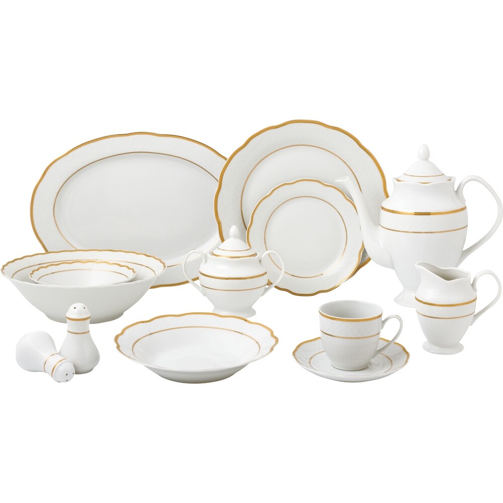 57 Piece Gold Wavy Dinnerware Set Porcelain China Service for 8 People Gloria