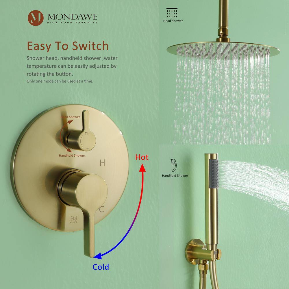 Mondawe Round 1-Spray Patterns Balance Valve Shower Faucets Set with 2.5 GPM 10 in. Ceiling Mount Dual Shower Heads in PVD Gold AM-S133AC-10BG