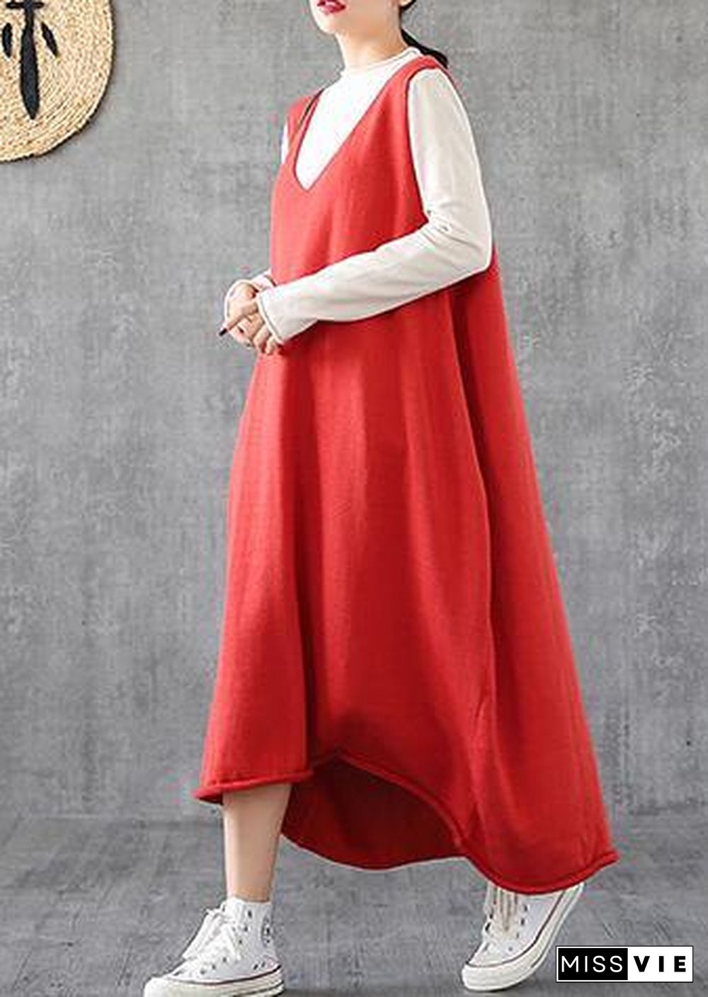 Simple red tunic top v neck sleeveless Maxi Dress