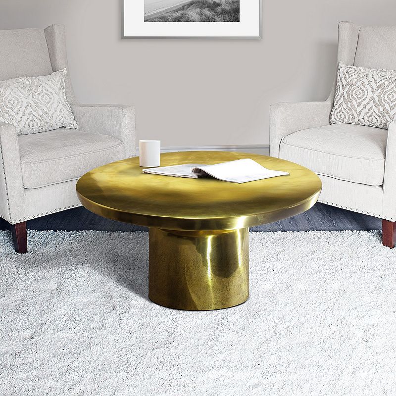 Zoe 30 Inch Modern Classic Round Metal Coffee Table with Pedestal Base， Glossy Gold Brass