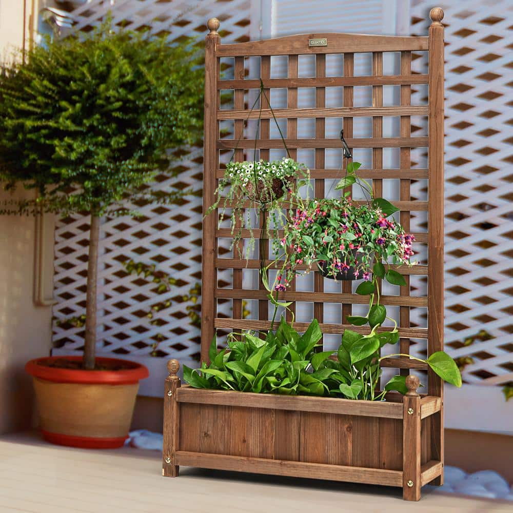 Costway 25 in. L x 11 in. W x 48 in. H 228.5 qt. IndoorOutdoor Rectangular Dark Brown Wood Ground Planter Box with Trellis J9D34-A28