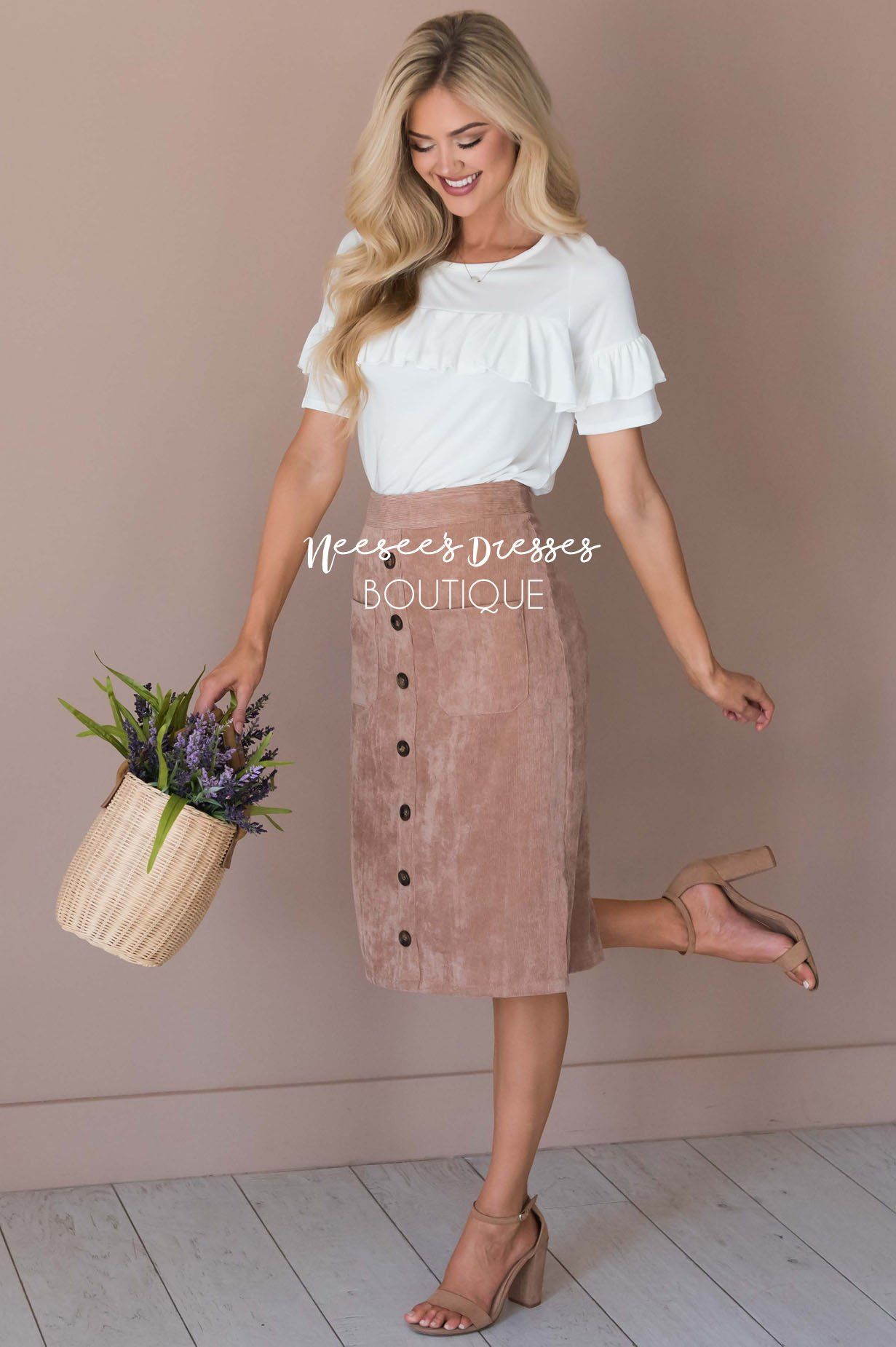 Corduroy Button Detail Skirt