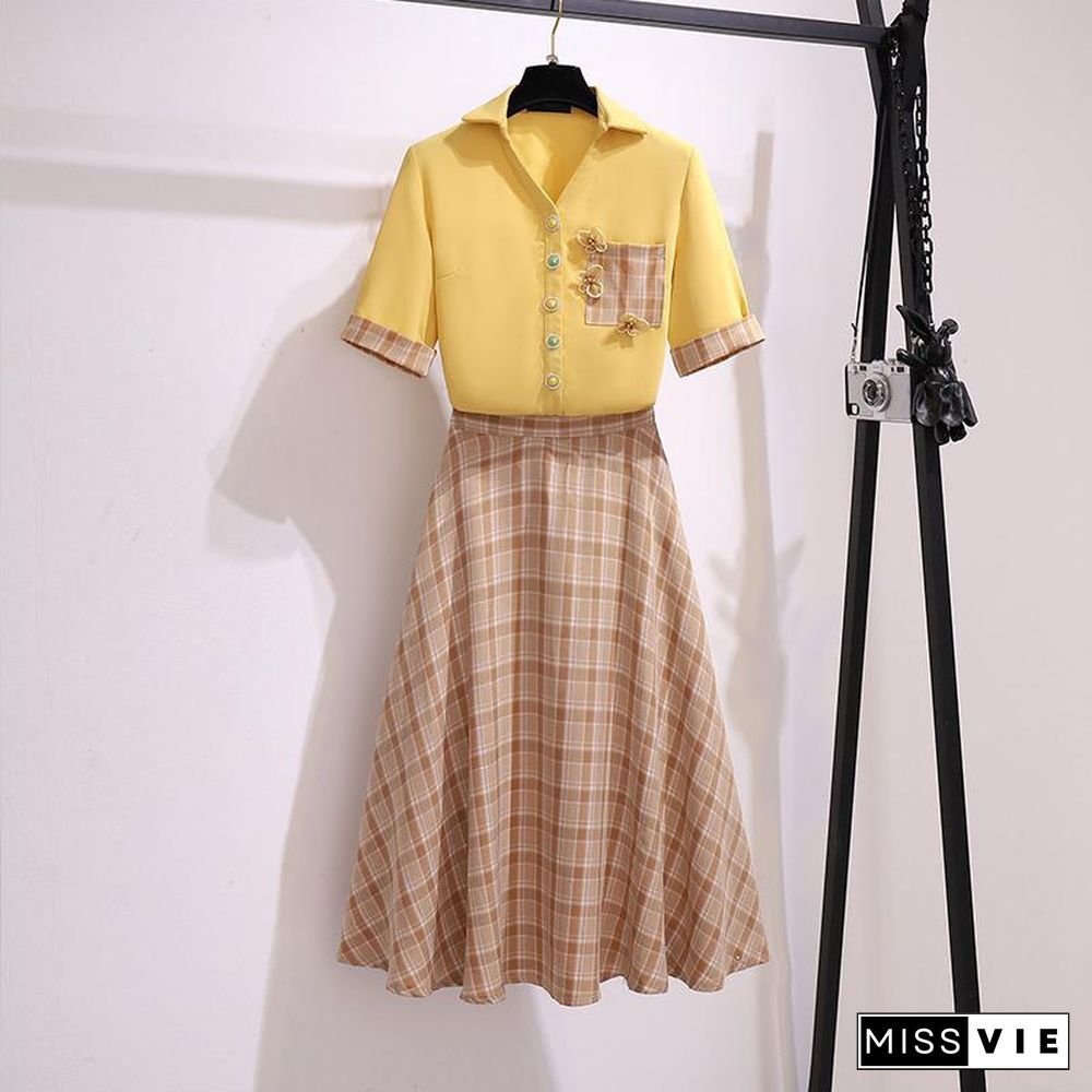 Elegant Chiffon Blouse+Plaid Skirt P11339