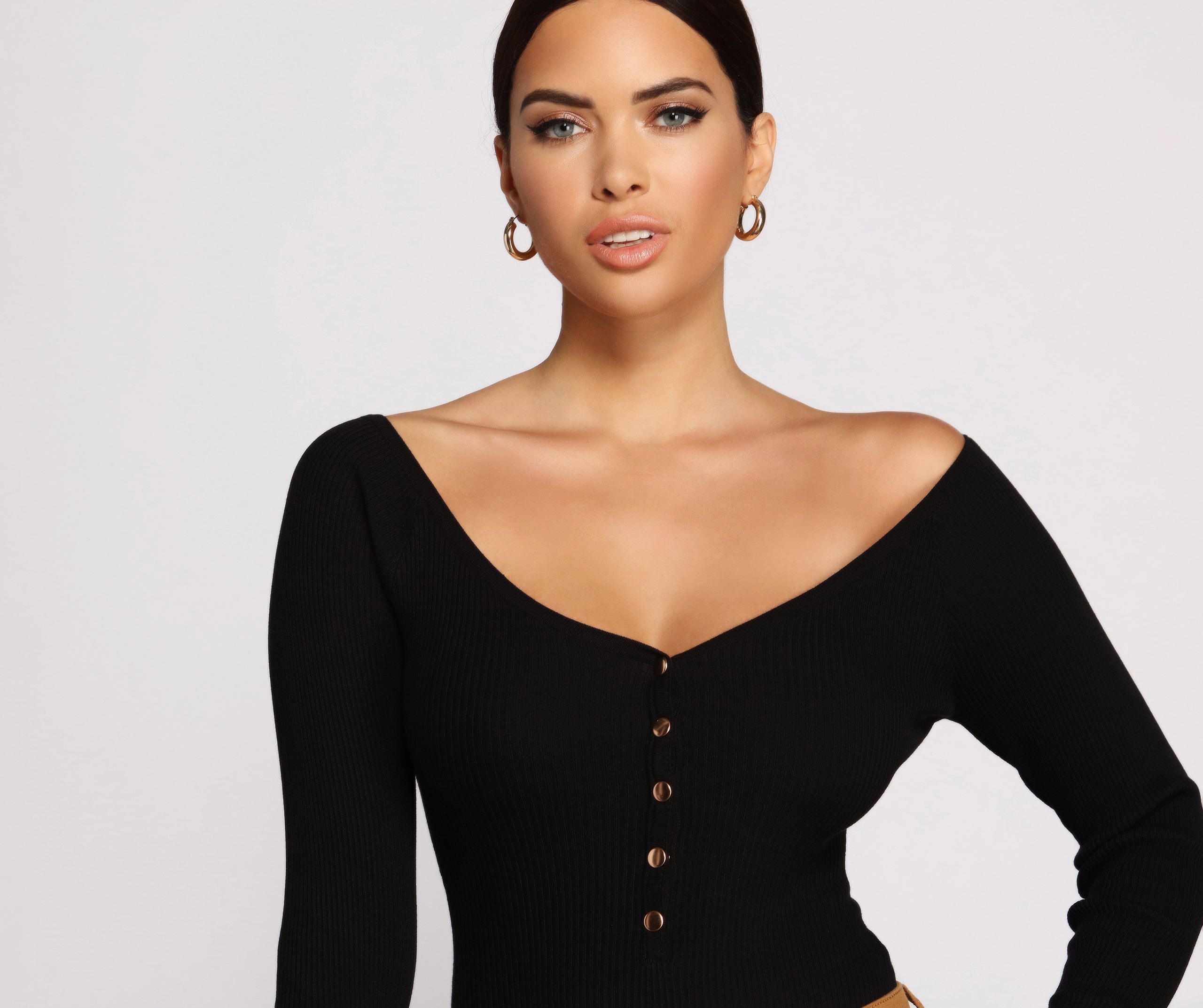 Ribbed Knit Henley Button-Front Bodysuit