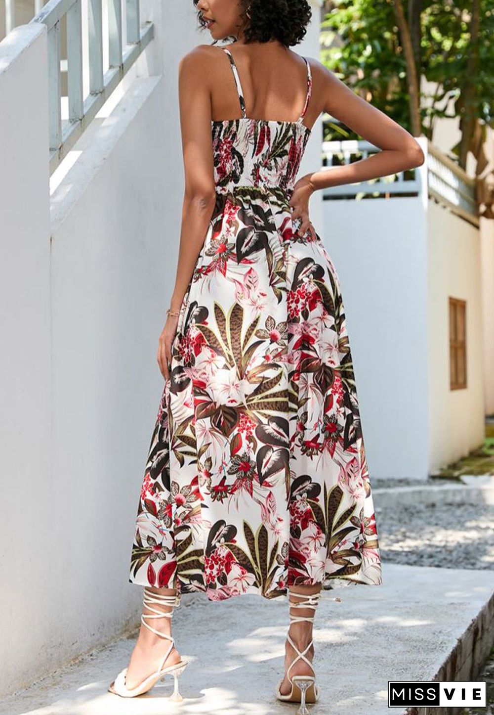 Tropical Leaf Print Surplice Neck Dress