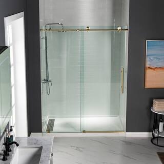 WOODBRIDGE Lowestoft 56 in. to 60 in. x 76 in. Frameless Sliding Shower Door with Shatter Retention Glass in Brushed Gold HSD3608