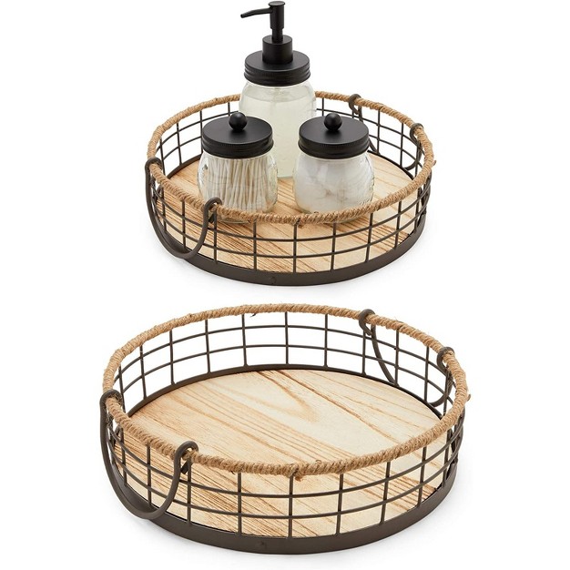 Juvale 2 Pack Round Wooden Wire Basket Trays With Handles Farmhouse Decor 2 Sizes