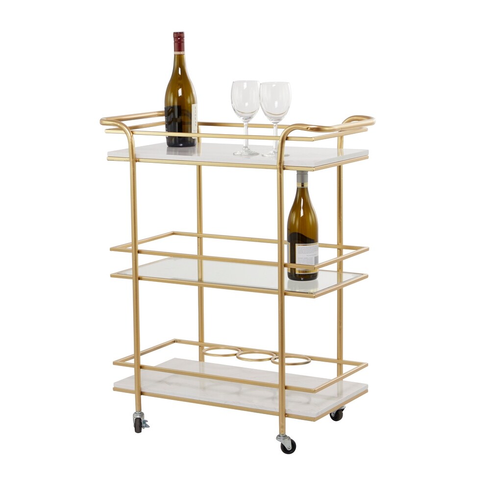 Gold Marble Rolling 1 Glass and 2 Marble Shelves Bar Cart with Handles   13.2 x 26.5 x 32.5