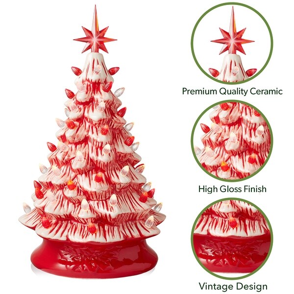 15Inch Red and White Ceramic Christmas Tree，Hand Painted PreLit