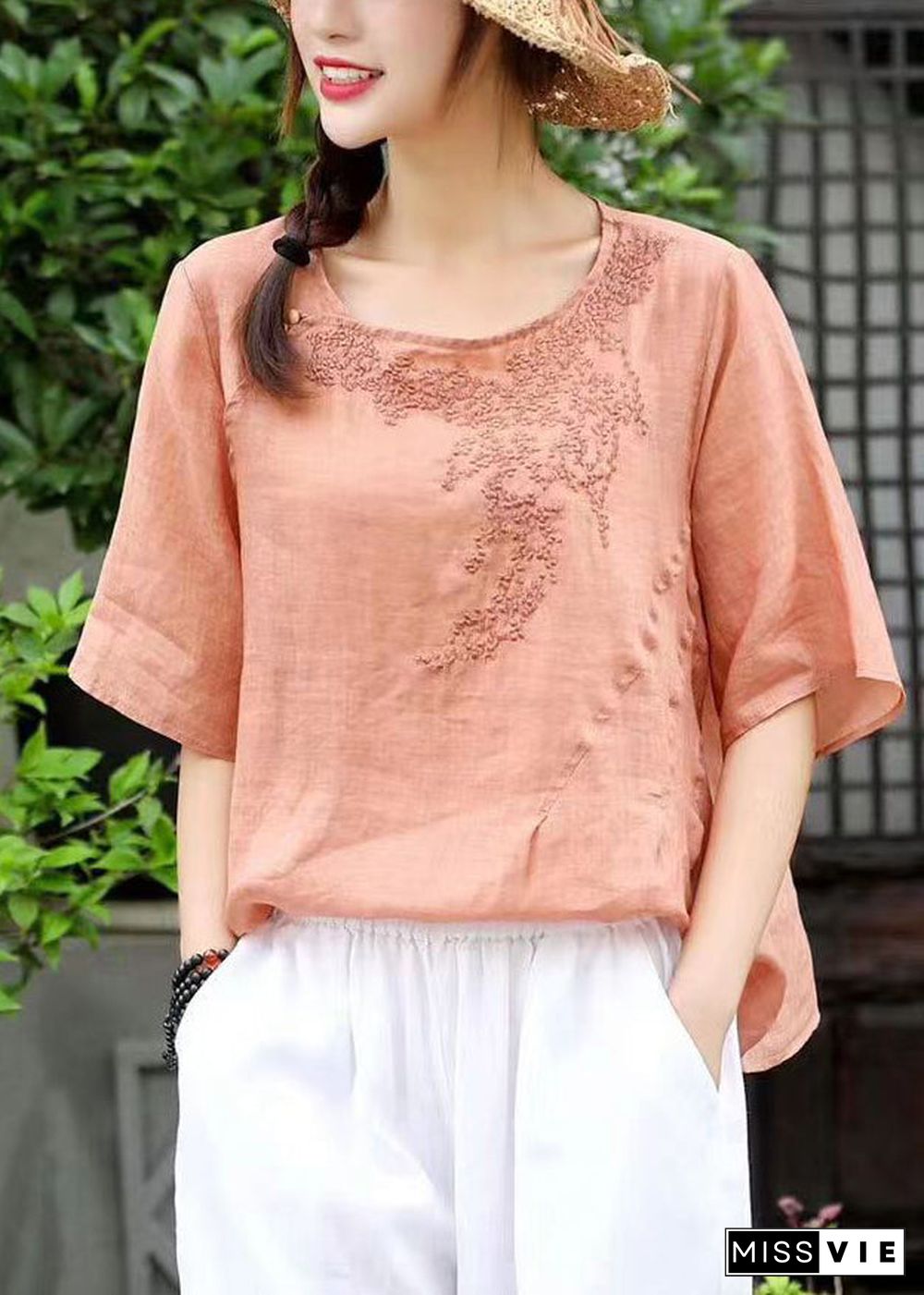 Women Orange O-Neck Embroideried Linen Shirt Top Short Sleeve