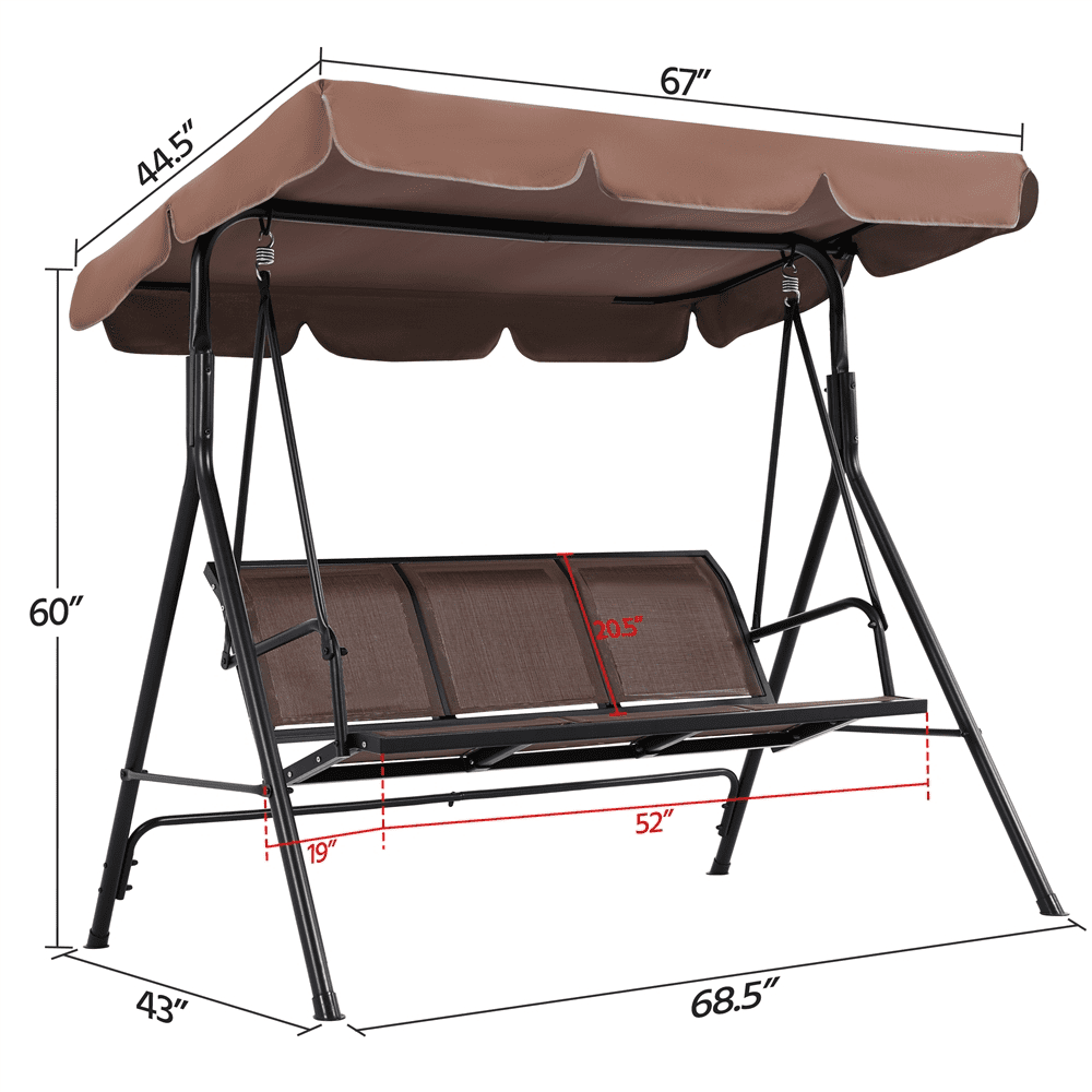 Topeakmart 3-Seat Outdoor Patio Metal Frame Swing Chair with Texteline Fabric Seats/Adjustable Canopy/Armrests Dark Brown