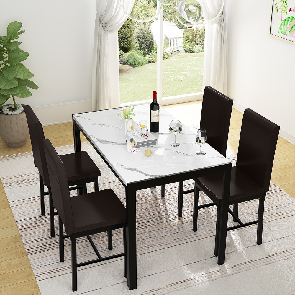 Mieres 5 Piece Dining Table Set with Faux Marble Top and 4 PU Leather Upholstery Chairs for Kitchen Dining Room