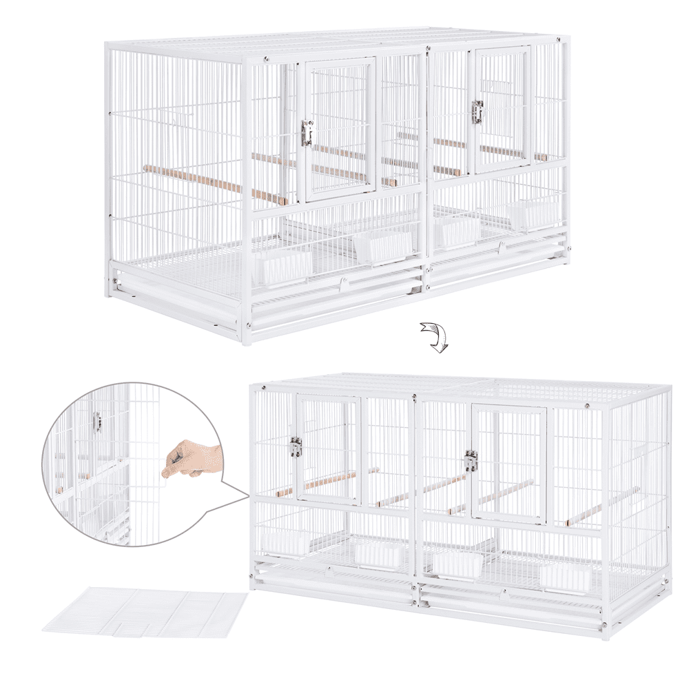 SmileMart 18-Inch Wide Metal Stackable Divided Breeder Bird Cage for Small Birds Lovebirds Finch Canaries Parakeets Cockatiels， White