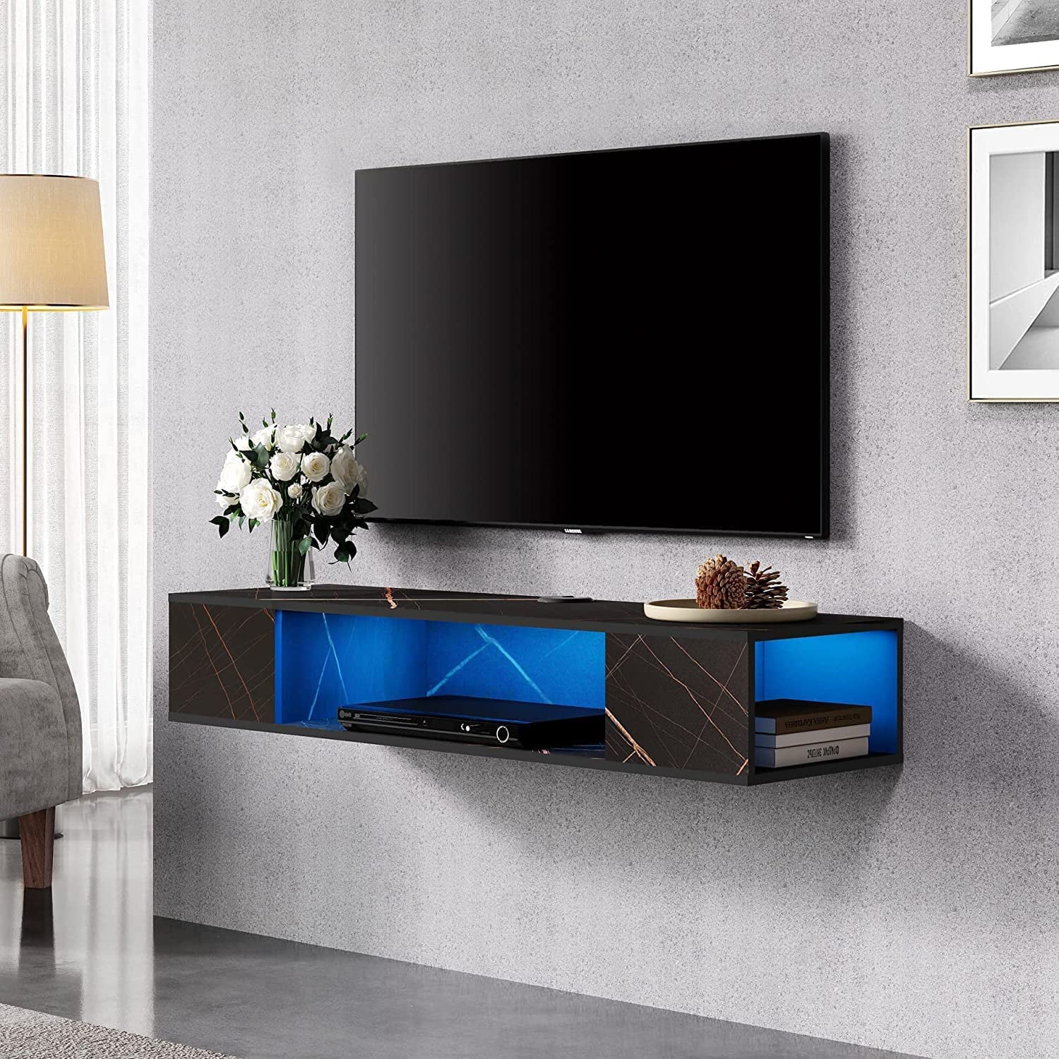 Floating Black TV Stand with Blue LED Lights, Wall Mounted Entertainment Center Shelf, Media Console Component Under TV