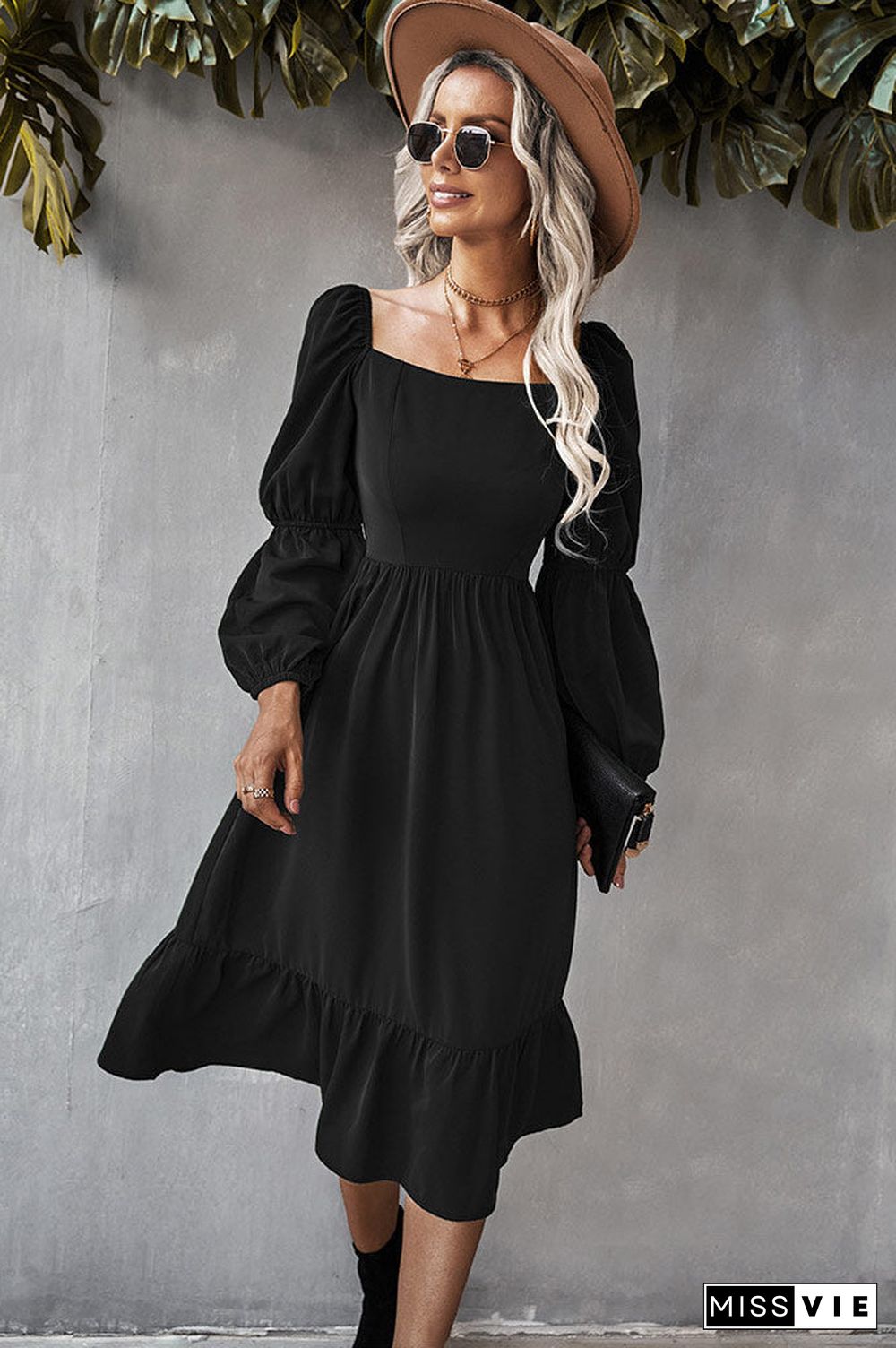 Solid Color A-line Casual Vacation Long Sleeve Dress