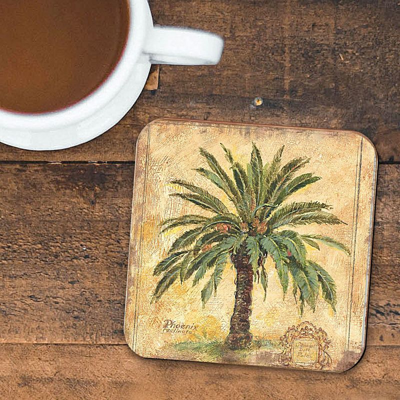 Palm Tree Coastal Wooden Cork Coasters Gift Set of 4 by Nature Wonders