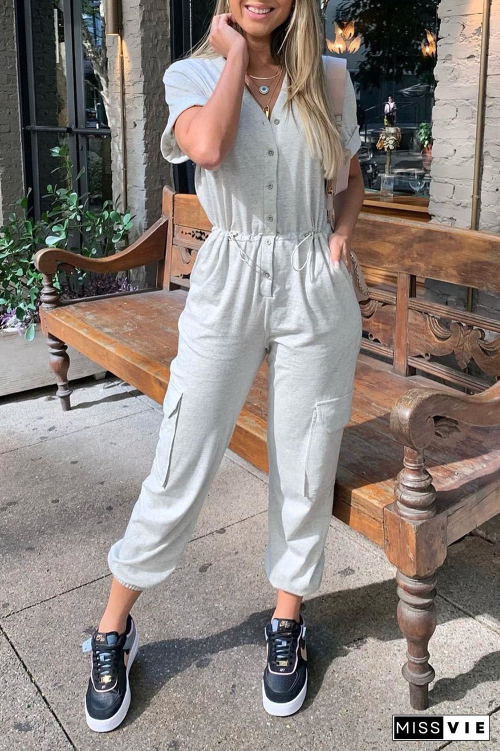 Button Drawstring Pockets Jogger Jumpsuit