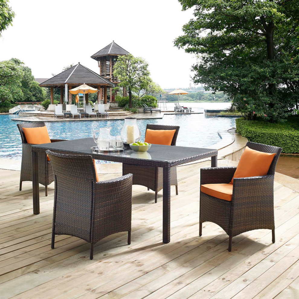 Modern Outdoor Patio Furniture Dining Chair and Table Set  Rattan Wicker  Beige   Tropical   Outdoor Dining Sets   by House Bound  Houzz