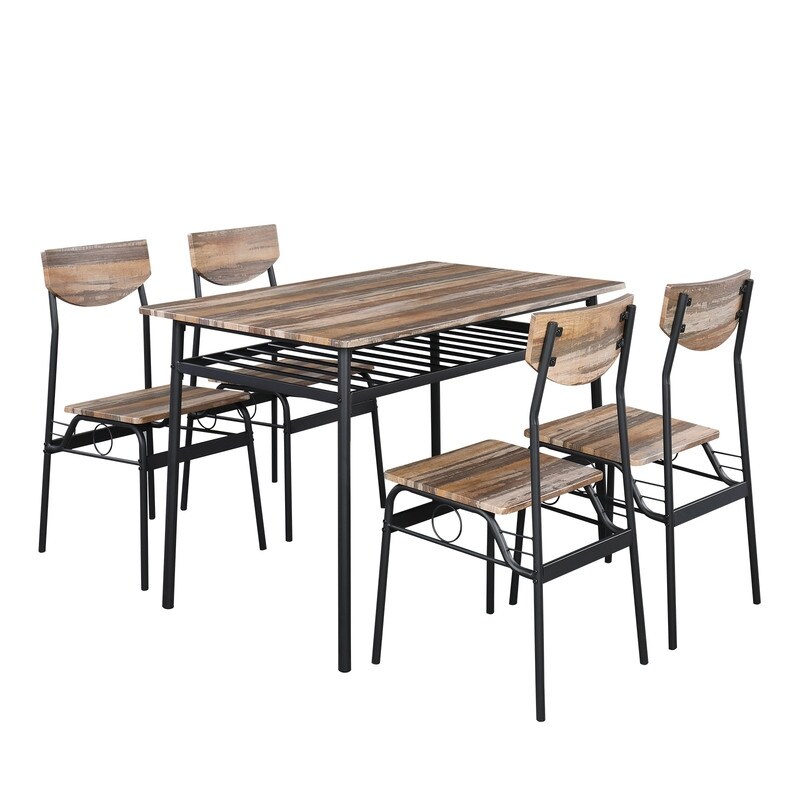 Rectangular Iron Compartment Dining Set with Table 4 Chairs Wood Color