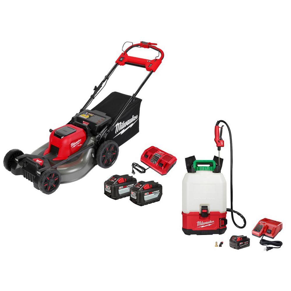 Milwaukee M18 FUEL Brushless Cordless 21 in. Walk Behind Self-Propelled Mower Pesticide Sprayer w (2) 12Ah  (1) 3 Ah Batteries 2823-22HD-2820-21PS