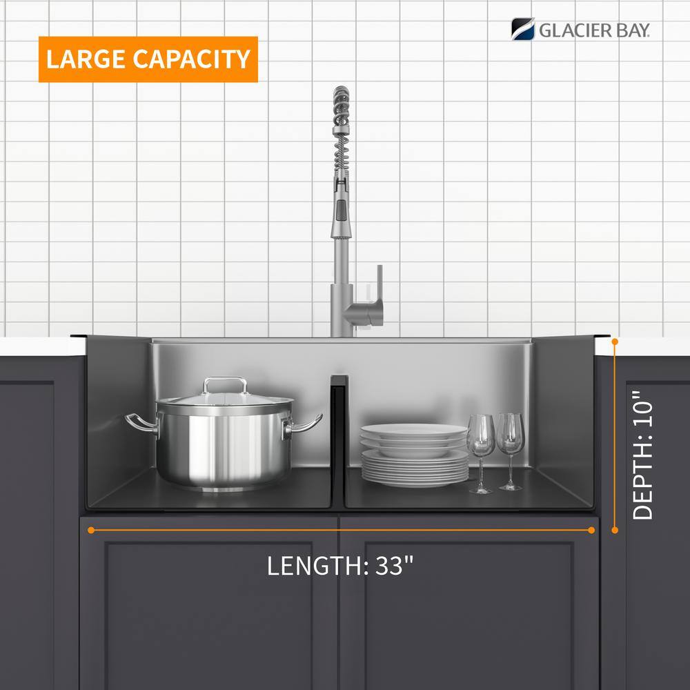 Glacier Bay 33 in. Gunmetal Black Stainless Steel Double Bowl Dual Mount Workstation Kitchen Sink with Black Spring Neck Faucet ACS3322A2T-FW