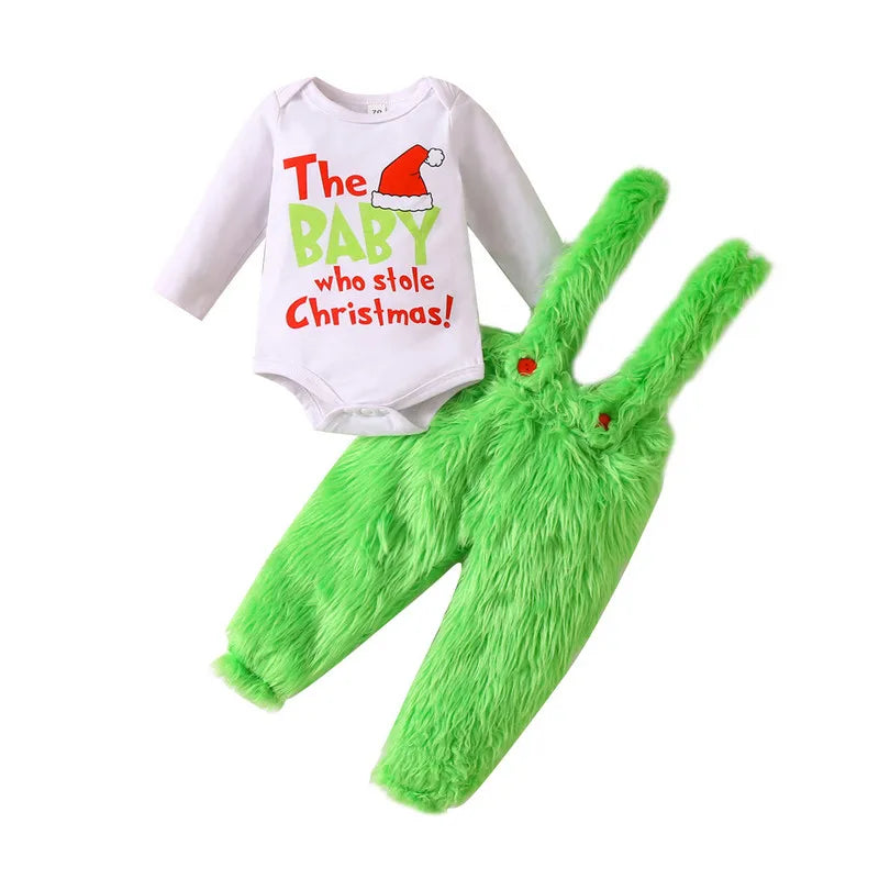 Christmas Newborn Baby Girl Boy Jumpsuit Pant Sets Letter Long Sleeve Bodysuit and Plush Suspender Pants Baby Items Clothing