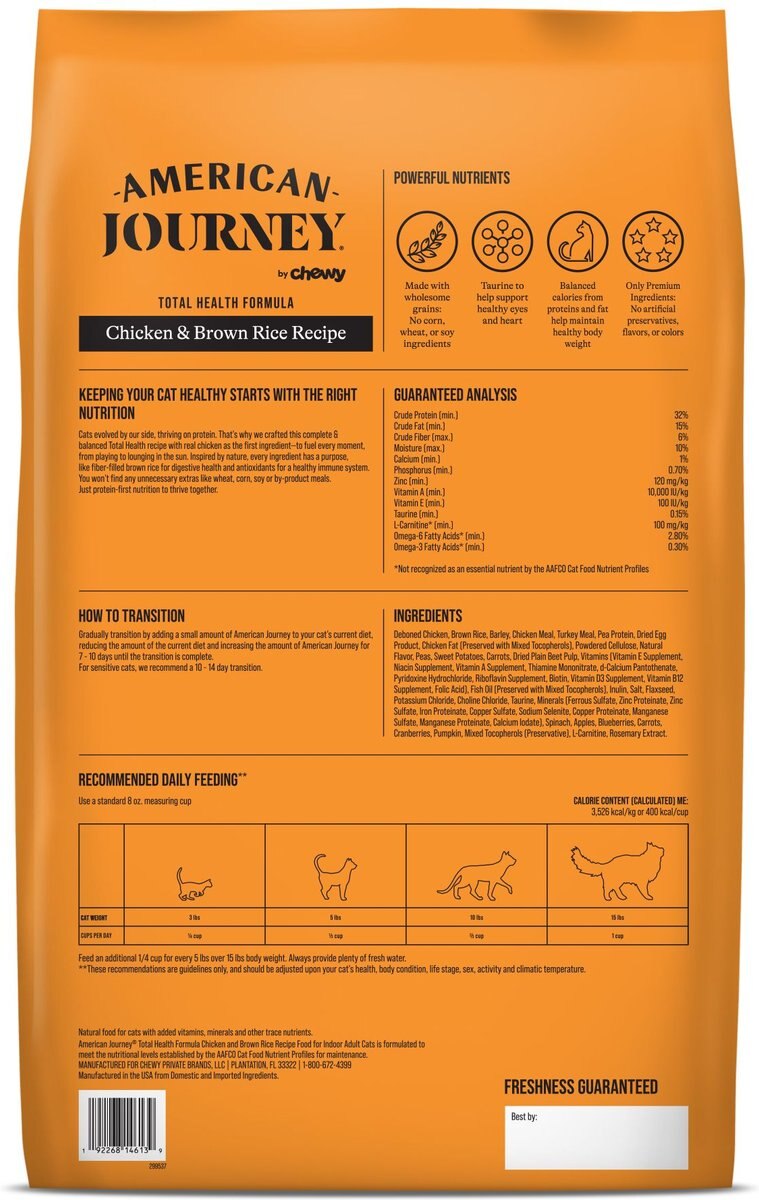 American Journey Indoor Cat Total Health Formula Chicken and Brown Rice Recipe Dry Cat Food， 15lb bag